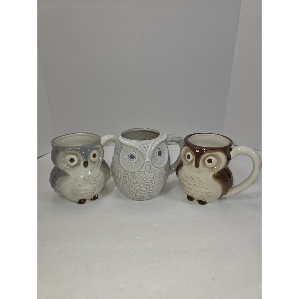 World Market Hobby Lobby Owl Figural Ceramic Coffee Mug Lot Of 3pc